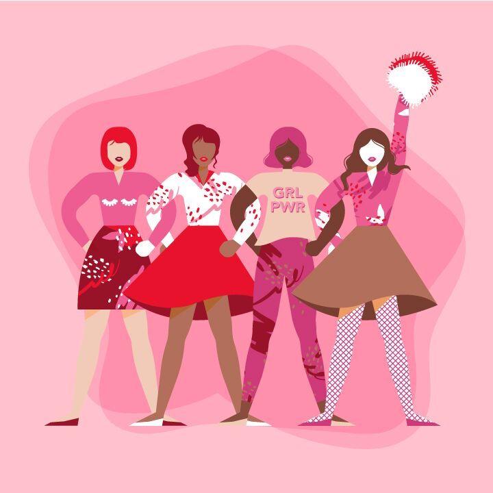 Encompass HK LGBTQ Gay Lesbians Hong Kong HK Mentorship LGBTQ+ Diversity Inclusion Sustainability Sustainable SDGs Sustainable Development Goals SDG Game Responsible Consumption Workshops Belonging D&I DEI Four diverse women stand confidently together on a pink background, wearing red and pink outfits. One holds a pom-pom, and another wears a GRL PWR top, symbolizing diversity, empowerment, and LGBTQ+ solidarity.